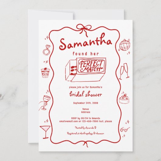 パーフェクトマッチ手描きコケットブライダルシャワー 招待状 (正面)