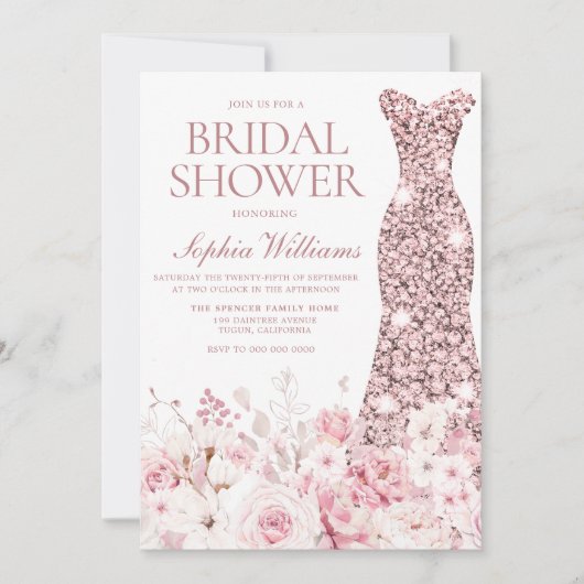 パーフェクト赤面フローラバラ金ゴールドドレスブライダルシャワー 招待状 (正面)