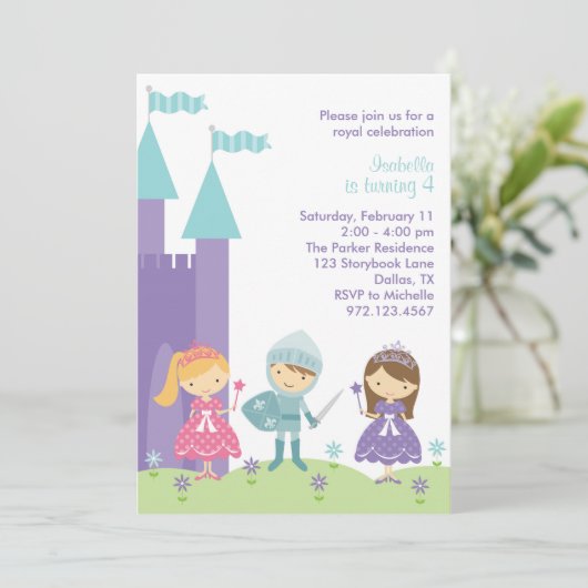 パープかわいらしル、ピンク、ティール(緑がかった色)プリンセス招待状 招待状 (スタンド正面)