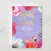 パープはっきりしたル絵を描フローラポップ・アートの金ゴールドブライダルシャワー 招待状 (正面)