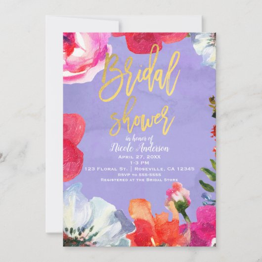 パープはっきりしたル絵を描フローラポップ・アートの金ゴールドブライダルシャワー 招待状 (正面)