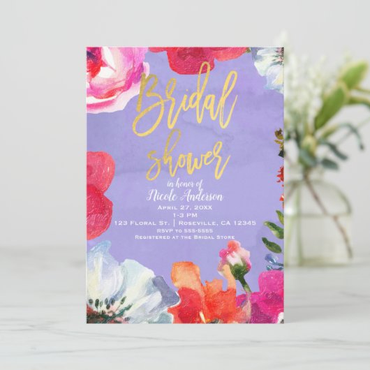 パープはっきりしたル絵を描フローラポップ・アートの金ゴールドブライダルシャワー 招待状 (スタンド正面)