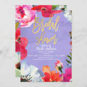 パープはっきりしたル絵を描フローラポップ・アートの金ゴールドブライダルシャワー 招待状 (正面/裏面)