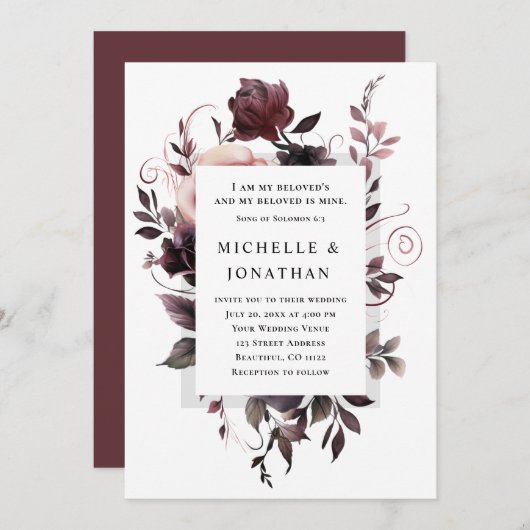 パープエレガントラグレイフローラバイブル結婚クリスチャン 招待状 (正面/裏面)