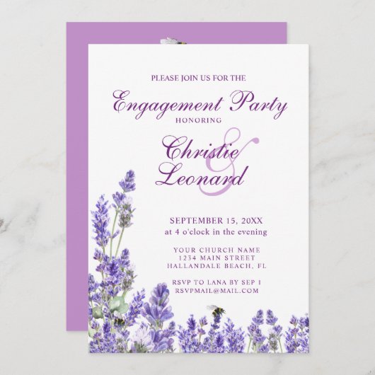 パープエレガントラバンダー結婚花婚約 招待状 (正面/裏面)