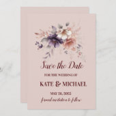 パープエレガントリとピーチ赤面フローラ結婚ズ セーブザデート (正面/裏面)