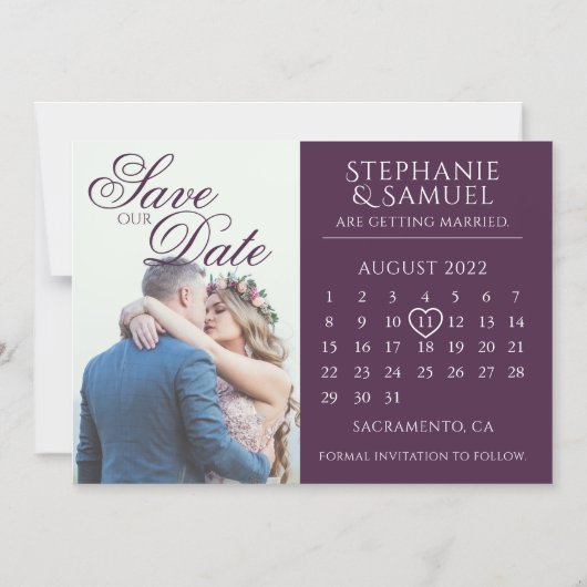 パープエレガントリ結婚のカレンダー日付の変更を保存 マグネット招待状 (正面)