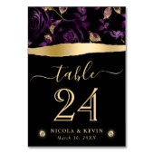 パープエレガントルおよび金ゴールドグリッターバラフローラ結婚の テーブルナンバー (裏面)