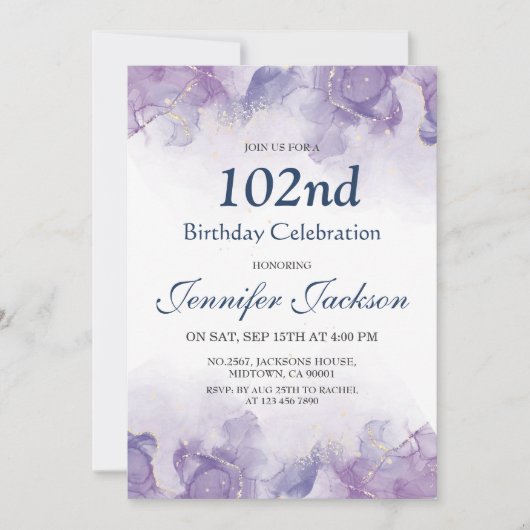 パープエレガントルと金ゴールドのフローラ102歳の誕生日 招待状 (正面)
