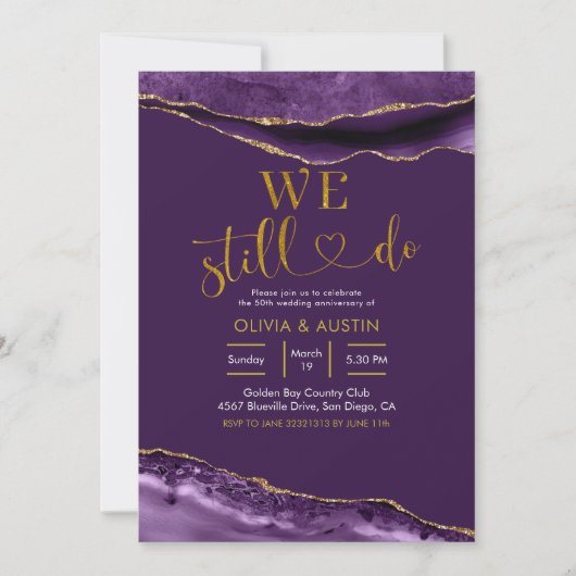 パープエレガントルと金ゴールドア結婚ガートの記念日 招待状 (正面)