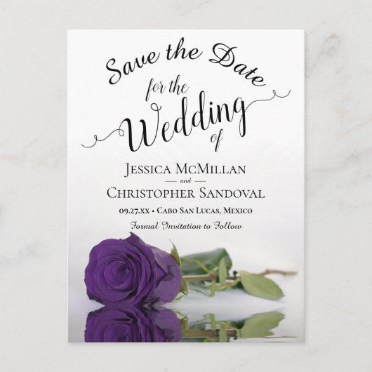 パープエレガントルのバラ結婚式の日付を保存 案内ポストカード (正面)