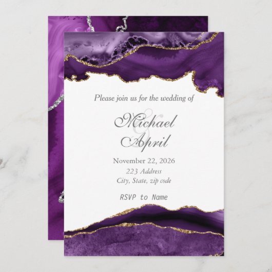 パープエレガントルアゲート結婚式招待状カスタマイズ 招待状 (正面/裏面)