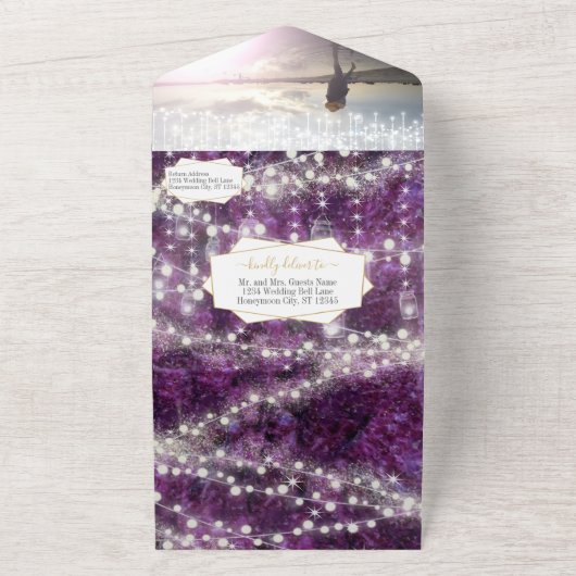 パープエレガントルアメジストクリスタルゲ結婚ード オールインワン招待状 (外側)