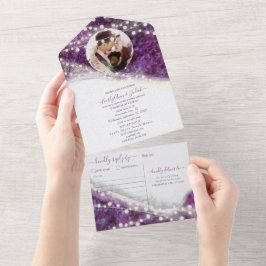パープエレガントルアメジストクリスタルゲ結婚ード オールインワン招待状