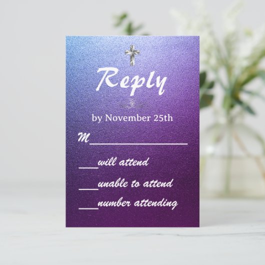 パープエレガントルグリッター結婚のキリスト教十字架 出欠カード (スタンド正面)