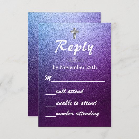 パープエレガントルグリッター結婚のキリスト教十字架 出欠カード (正面/裏面)