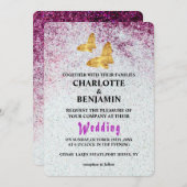 パープエレガントルグリッター&金ゴールドバタフ結婚ライイン 招待状 (正面/裏面)