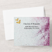 パープエレガントルグリッター&金ゴールドバタフ結婚ライズ オールインワン招待状 (裏面)