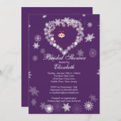 パープエレガントルスノーフレークハート冬ブライダルシャワー 招待状 (正面/裏面)