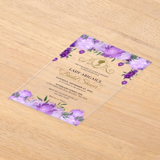 パープエレガントルフローラビクトリアンブライダルシャワー アクリル招待状 (レイダウン)