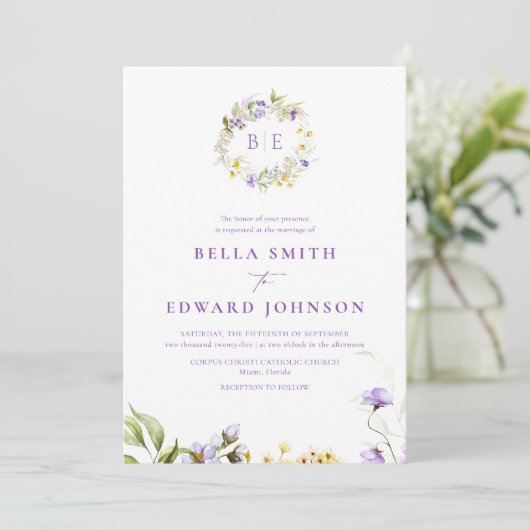 パープエレガントルフローラモノグラム結婚植物学 招待状 (スタンド正面)