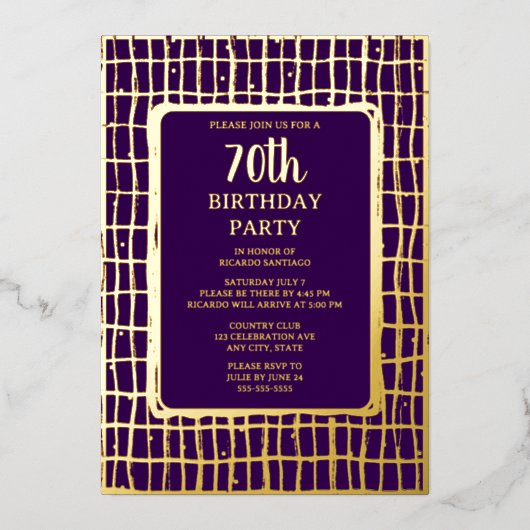 パープエレガントル金ゴールド70カスタム歳の誕生日パーティー 箔招待状 (正面)