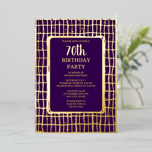 パープエレガントル金ゴールド70カスタム歳の誕生日パーティー 箔招待状 (立ち正面)