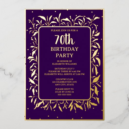パープエレガントル金ゴールド70カスタム歳の誕生日パーティー 箔招待状 (正面)