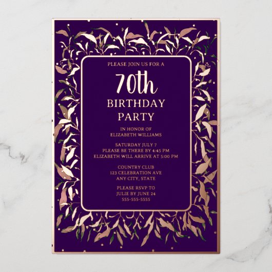 パープエレガントル70王室の歳の誕生日パカスタムーティー 箔招待状 (正面)