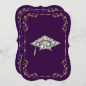 パープエレガントル、フェイク金ゴールド、ダイヤモンドのフローラフレーム 招待状 (正面/裏面)