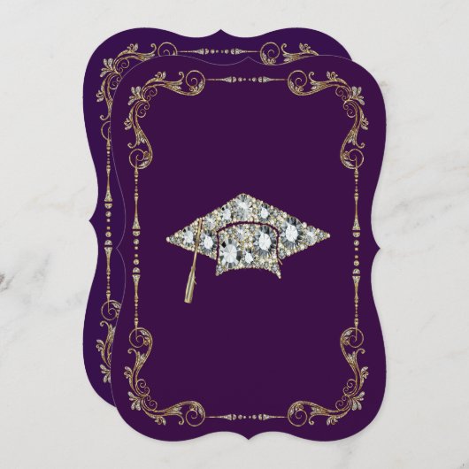 パープエレガントル、フェイク金ゴールド、ダイヤモンドのフローラフレーム 招待状 (正面/裏面)