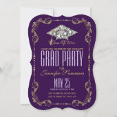 パープエレガントル、フェイク金ゴールド、ダイヤモンドのフローラフレーム 招待状 (裏面)