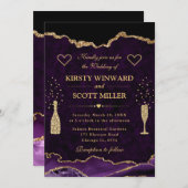 パープエレガントル&金ゴールドフェイクグリッターアゲテ結婚ス 招待状 (正面/裏面)