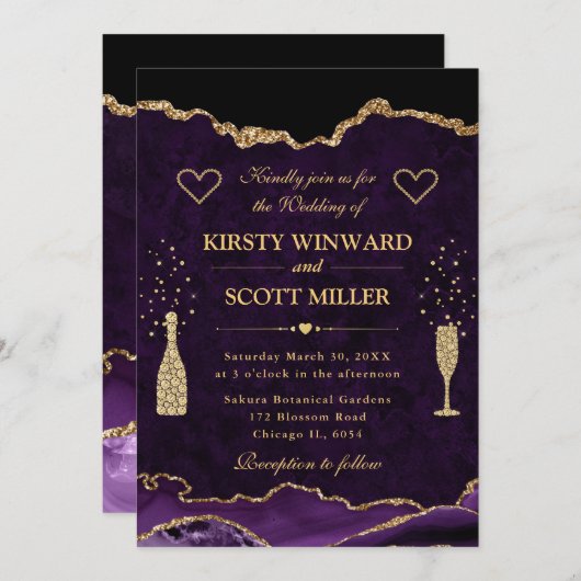 パープエレガントル&金ゴールドフェイクグリッターアゲテ結婚ス 招待状 (正面/裏面)