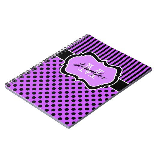 パープパーソナライズされたル白黒ストライプの水玉模様 ノートブック (左側)