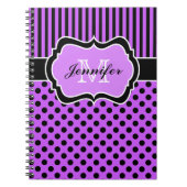 パープパーソナライズされたル白黒ストライプの水玉模様 ノートブック (正面)