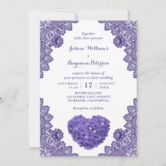 パープパーソナライズされたル素朴レースアジサイ結婚ズ 招待状 (正面)