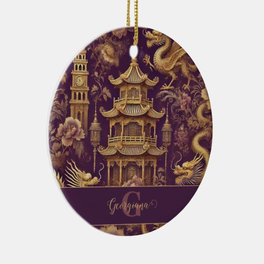 パープパーソナライズされたル&金ゴールドチビクトリアンノイスリー セラミックオーナメント (右)