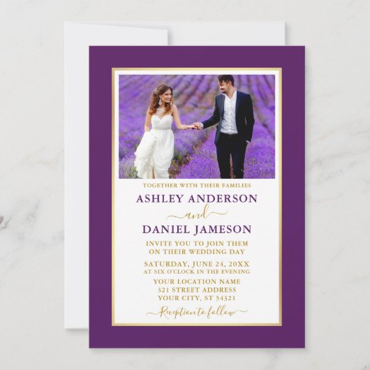 パープモダンルエレガント金ゴールド結婚式招待状 招待状 (正面)