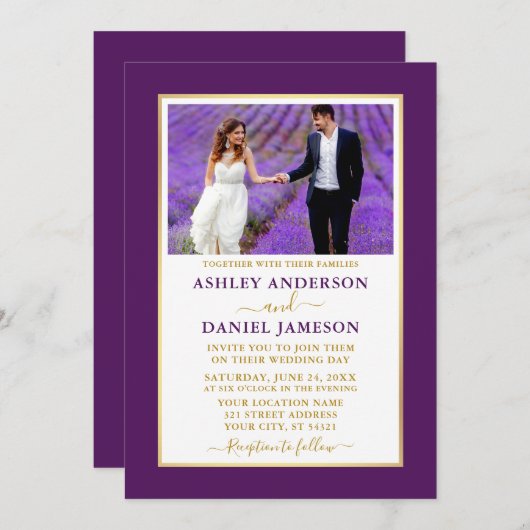 パープモダンルエレガント金ゴールド結婚式招待状 招待状 (正面/裏面)