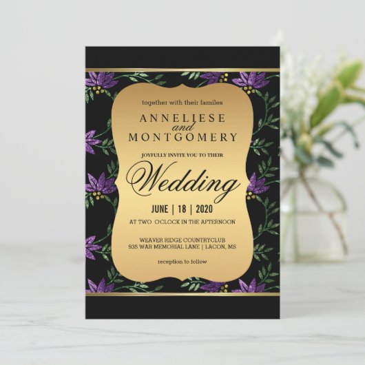パープモダンルビクトリアングリッター結婚フローラ 招待状 (スタンド正面)