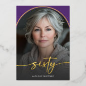 パープモダンルミニマルアーチ60番目の誕生日 箔招待状 (正面)