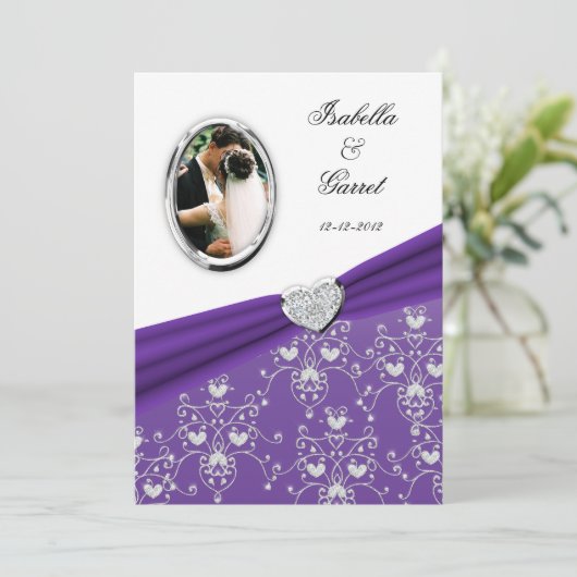 パープリボンハートダマスクウェディングフォト招待状 招待状 (スタンド正面)