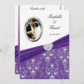 パープリボンハートダマスクウェディングフォト招待状 招待状 (正面/裏面)