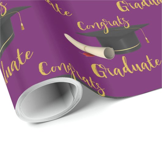 パープルおめでとうの卒業式キャップと卒業証書 ラッピングペーパー (ロールコーナー)