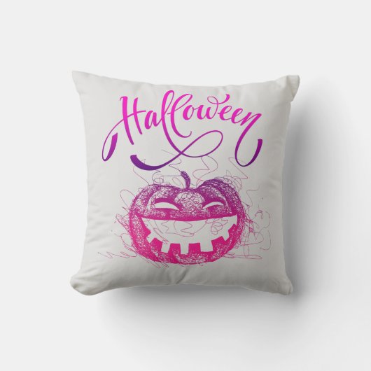 パープルおもしろいカボチャ顔ハロウィンタイポグラフィ クッション (正面)