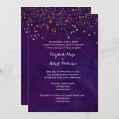 パープルおよびフェイク金ゴールドグリッター 招待状 (正面/裏面)