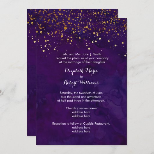 パープルおよびフェイク金ゴールドグリッター 招待状 (正面/裏面)