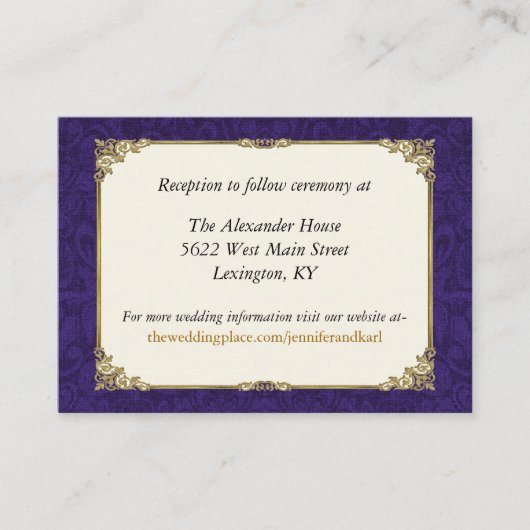 パープルおよびヴィンテージ結婚金ゴールドのエンクロージャカード エンクロージャーカード (正面)