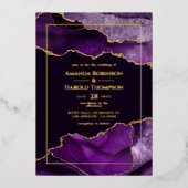 パープルおよび金ゴールドアゲ結婚ートのフォイル招待状 箔招待状 (正面)